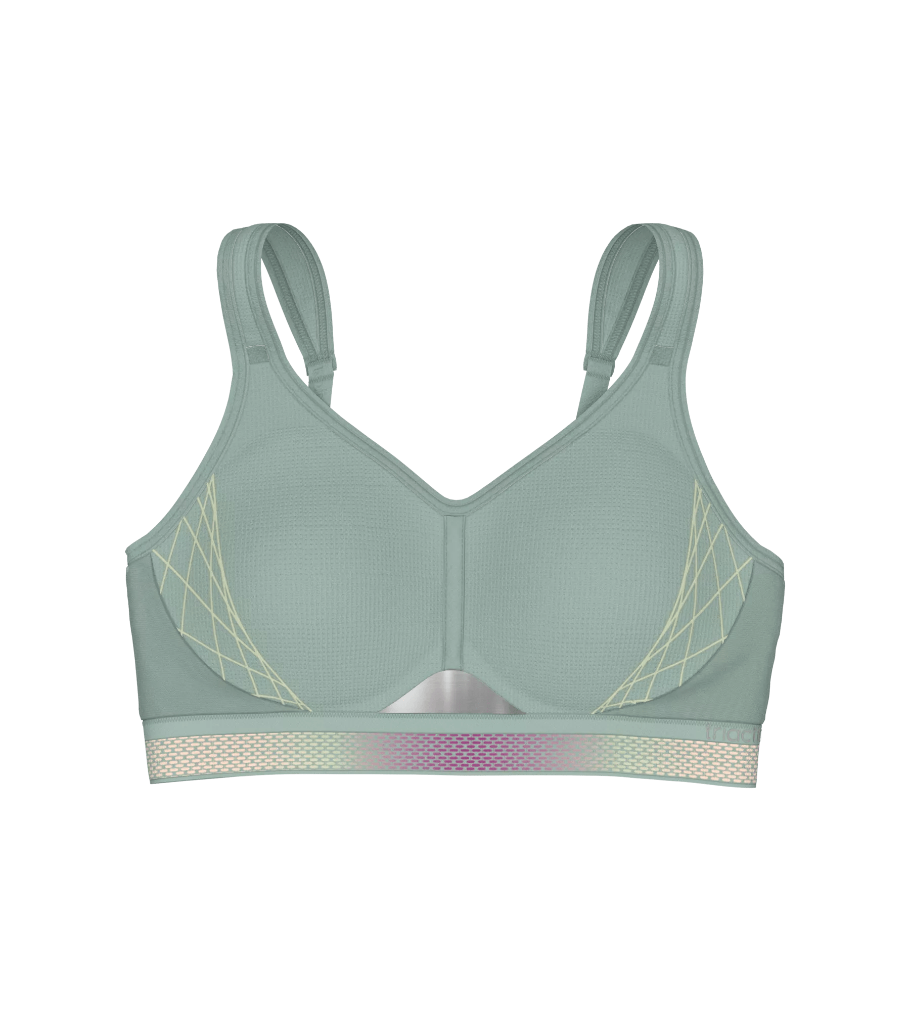 Triaction Cardio Flow sports bra in green with lightly padded straps and a stylish design for extreme workout support.