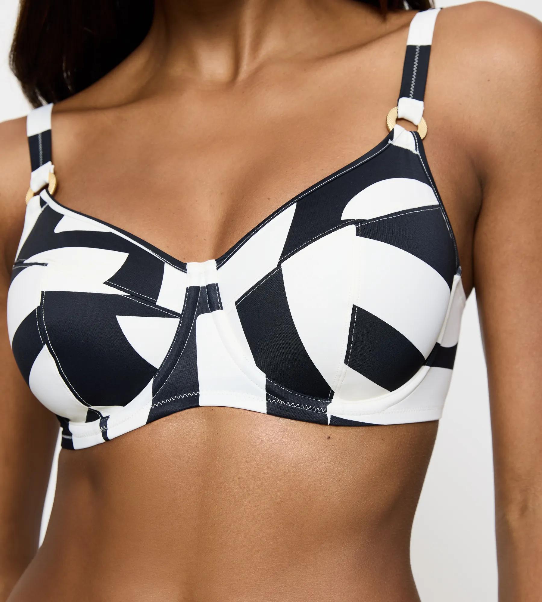 Summer Allure bikini top with wired minimizer design and bold black and white pattern.