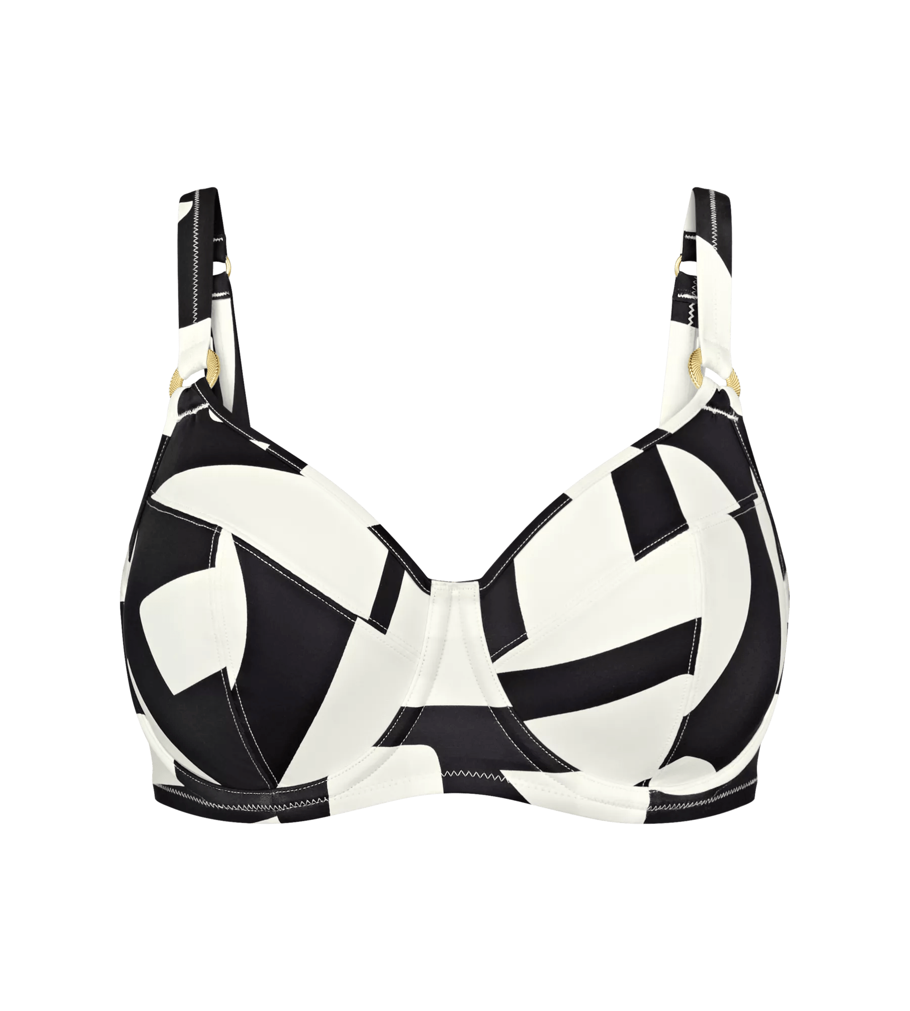 Summer Allure wired minimiser bikini top in black and white abstract design.