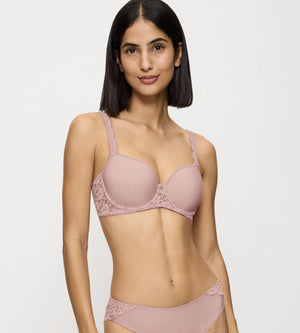 Amourette ergonomic bra with wired padded spacer cups and modern scoop back design in soft pink.