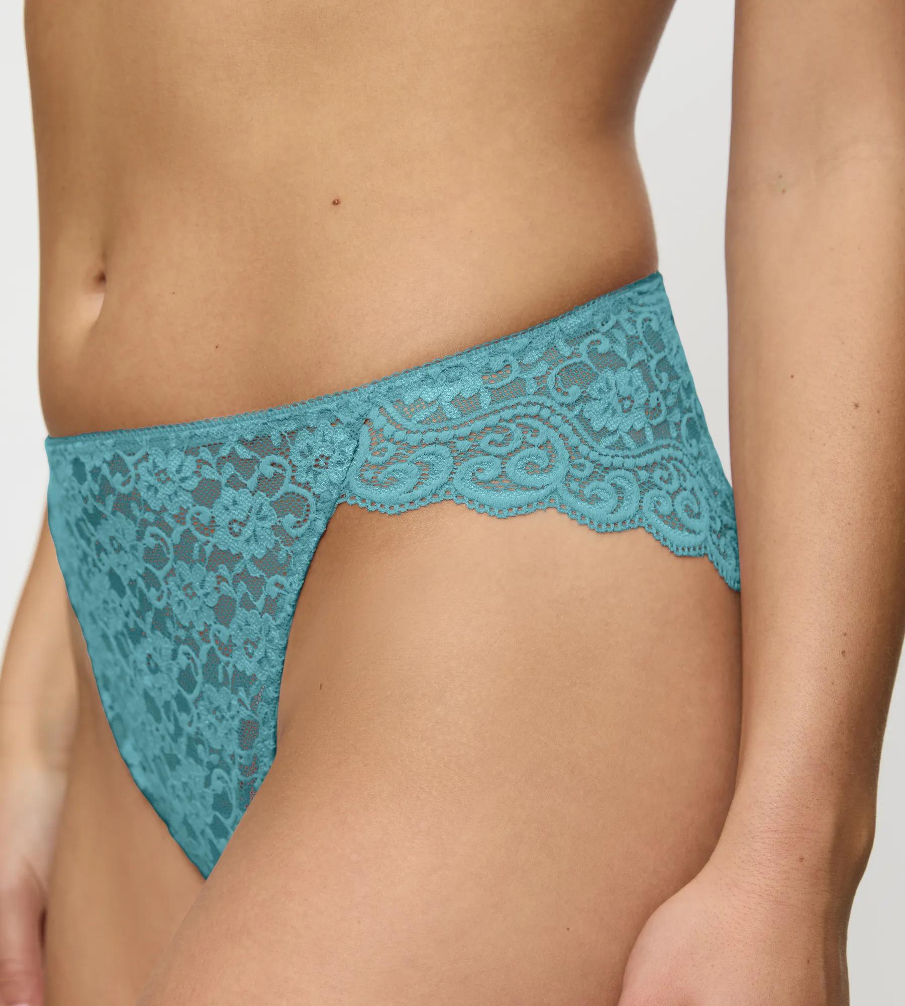 Amourette highleg tai brief featuring delicate lace design in teal, showcasing ultimate comfort and style.