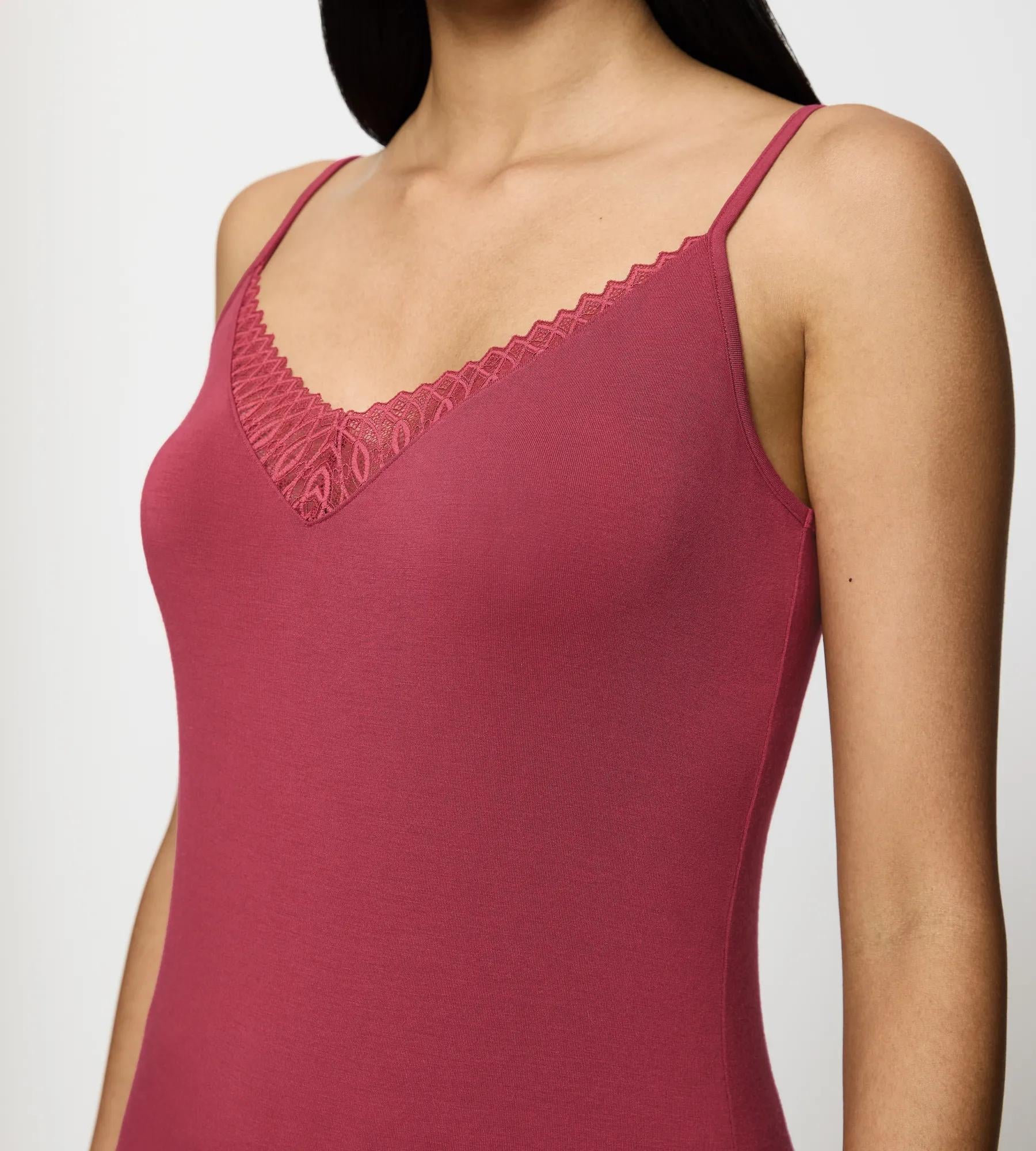 Aura Spotlight sensual camisole with delicate lace insert and spaghetti straps in rich burgundy.