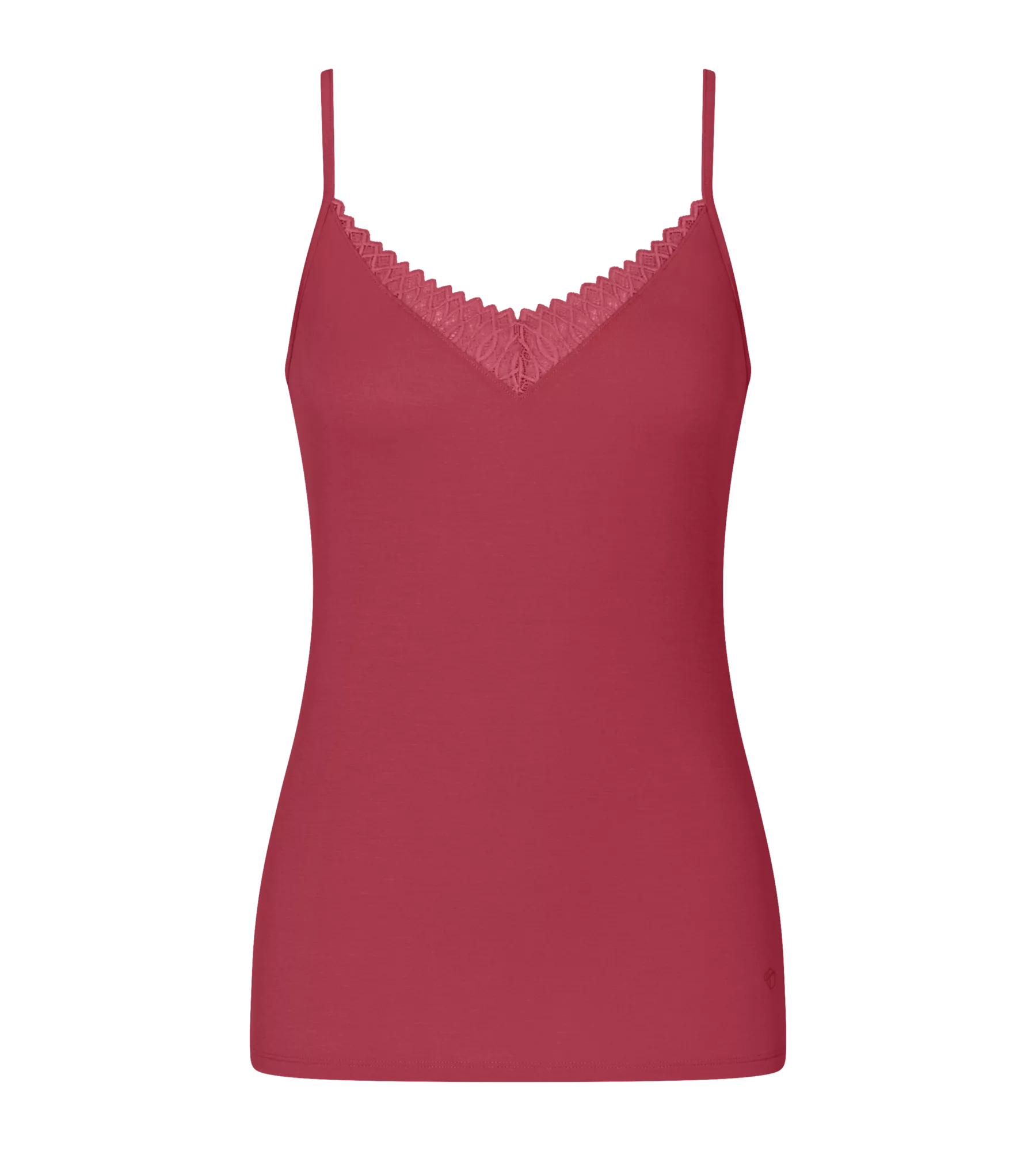 Aura Spotlight sensual red camisole with spaghetti straps and elegant lace insert.