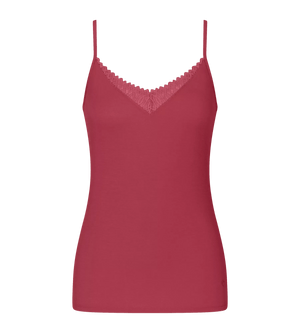 Aura Spotlight sensual red camisole with spaghetti straps and elegant lace insert.
