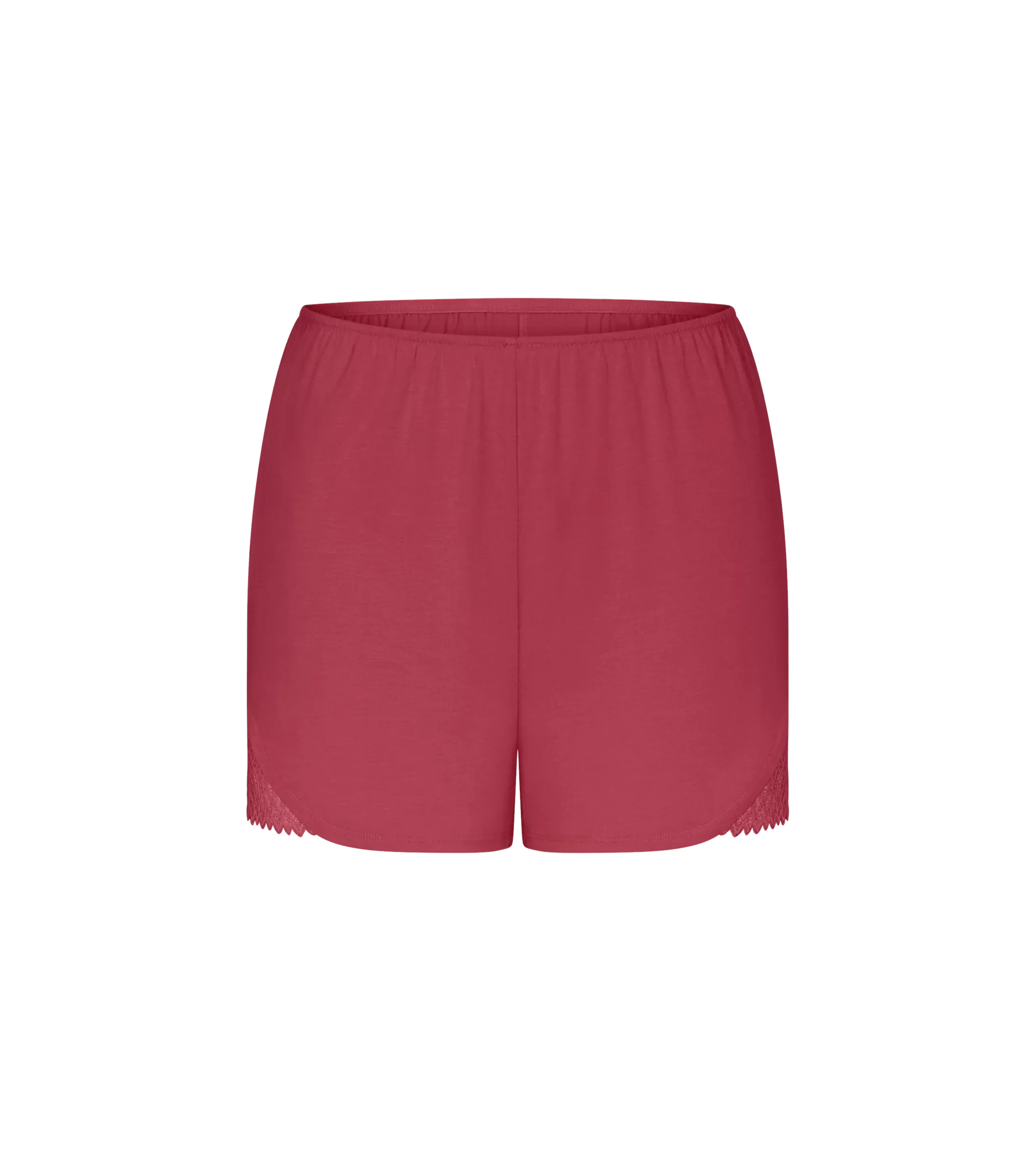Aura Spotlight red pyjama shorts with delicate lace insert and comfortable waistband, perfect for stylish relaxation.