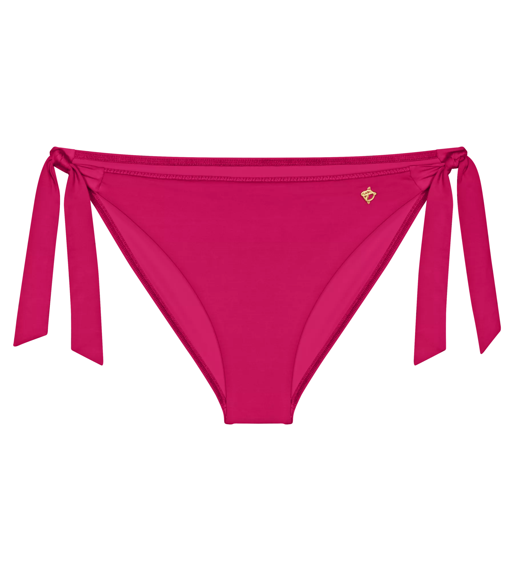 Summer Twist bikini bottom in vibrant pink with adjustable side ties and decorative braided detail.
