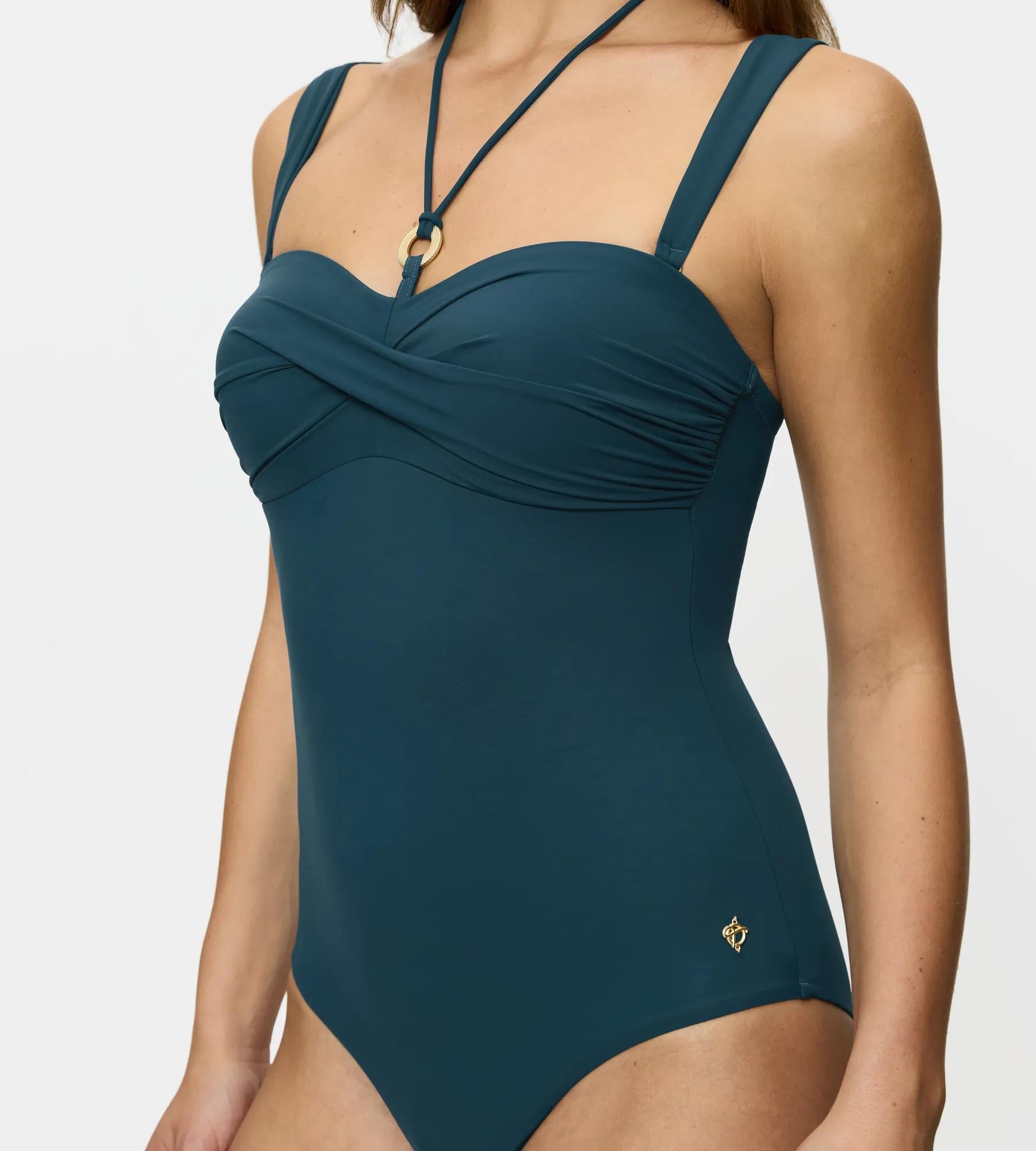 Summer Twist elegant one-piece swimsuit in teal, featuring adjustable straps and padded design.