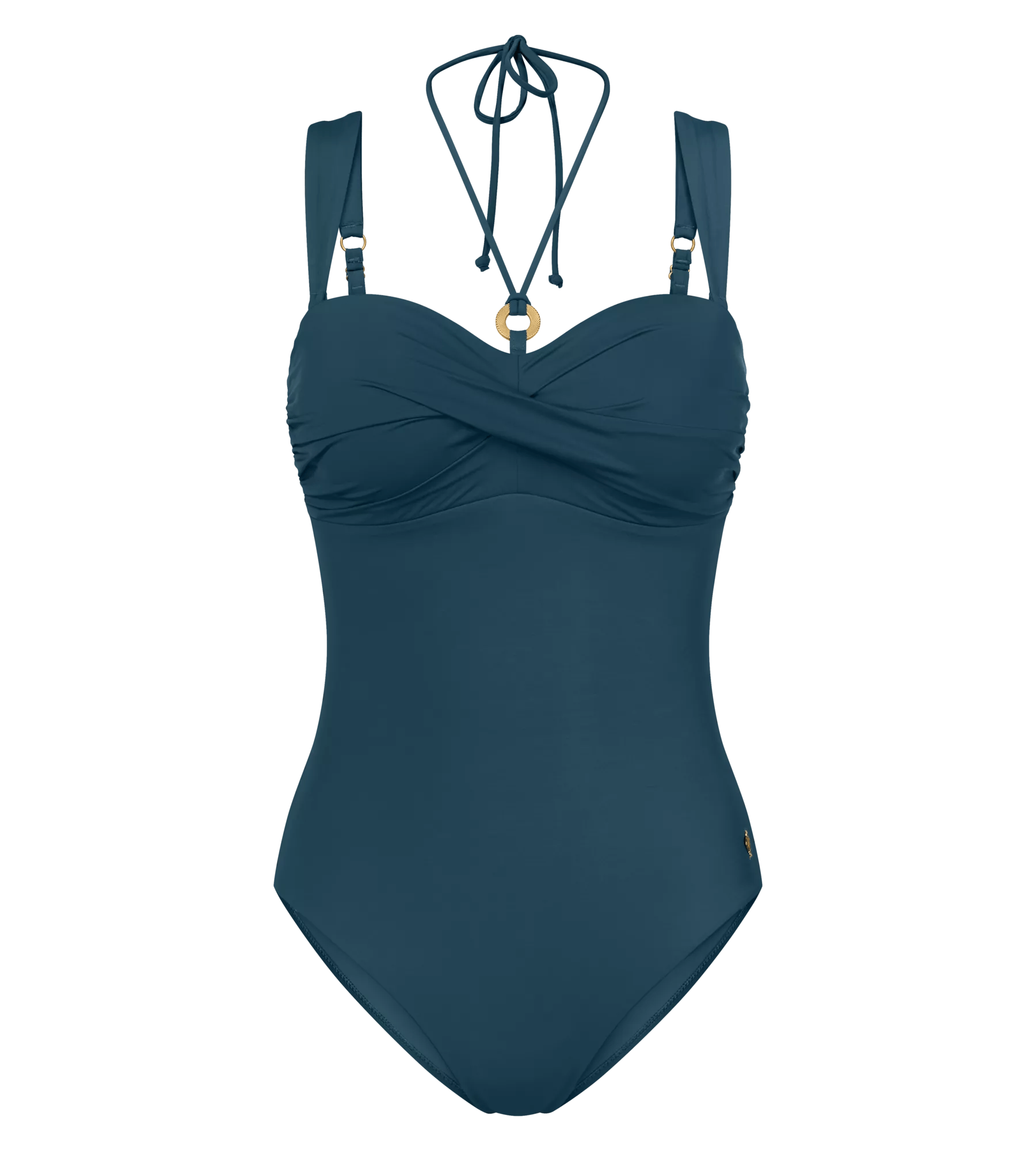 Summer Twist elegant one-piece swimsuit in dark teal with adjustable straps and padded support.