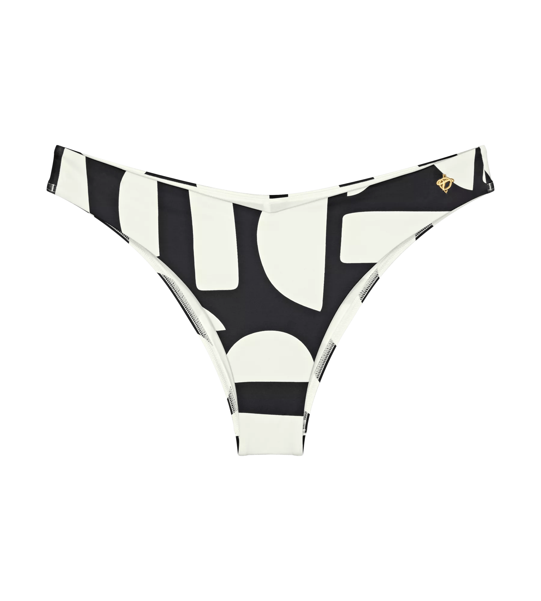 Summer Allure bikini brief with low coverage and high-leg opening, featuring a stylish black and white pattern.
