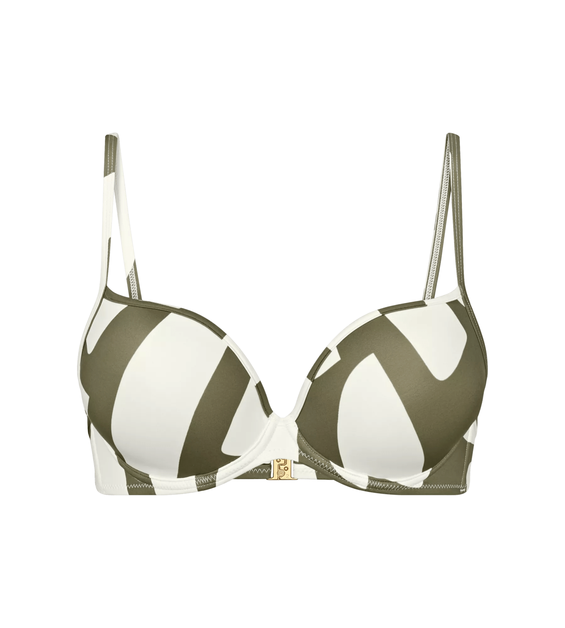 Summer Allure bikini top featuring wired, push-in design and adjustable straps in stylish green and white pattern.