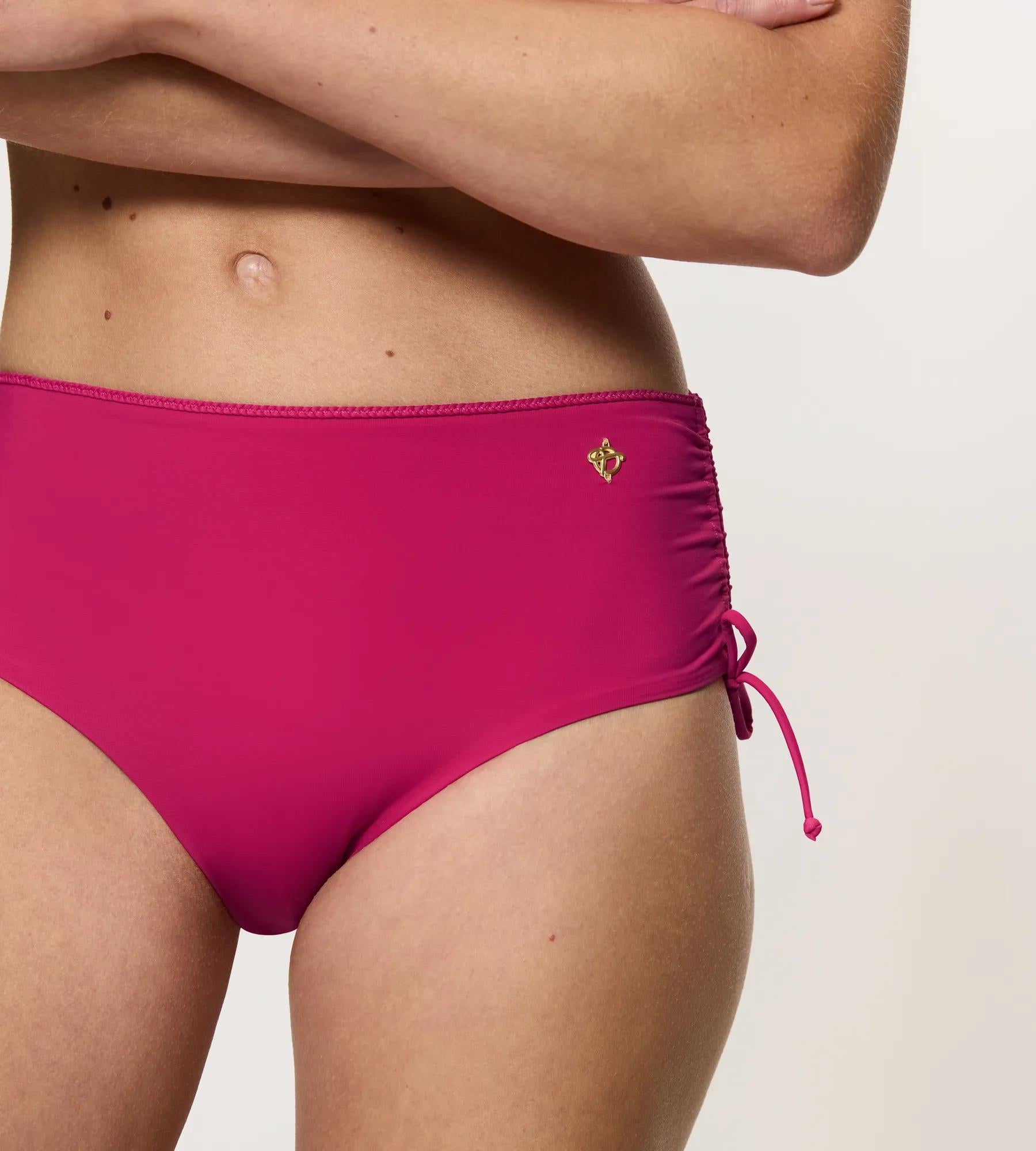 Summer Twist high-coverage bikini bottom in pink, featuring adjustable sides for a custom fit.