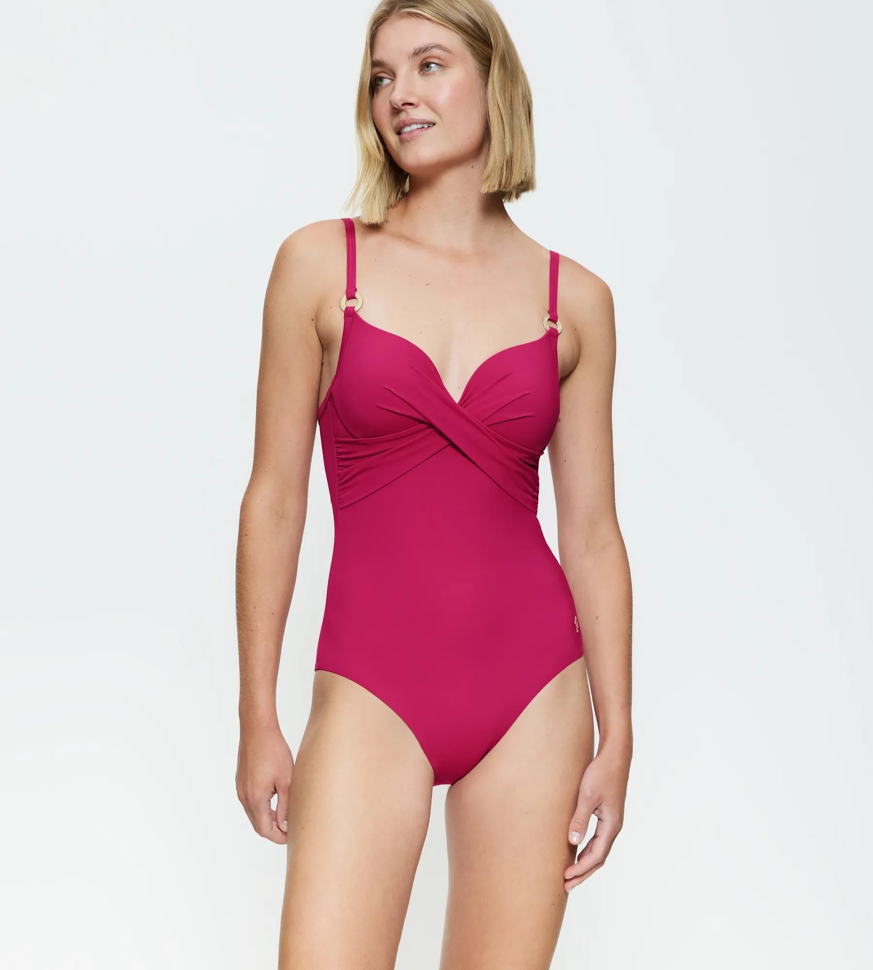 Summer Twist padded wired swimsuit in pink with flattering front gathering and adjustable straps