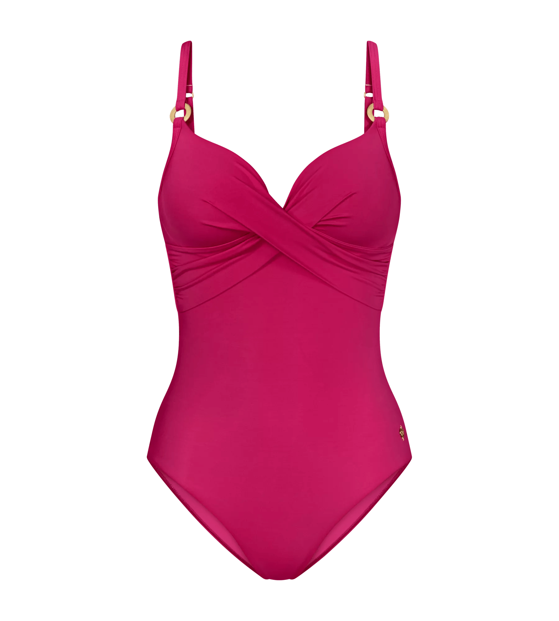 Summer Twist padded swimsuit in vibrant pink with adjustable straps and decorative rings.