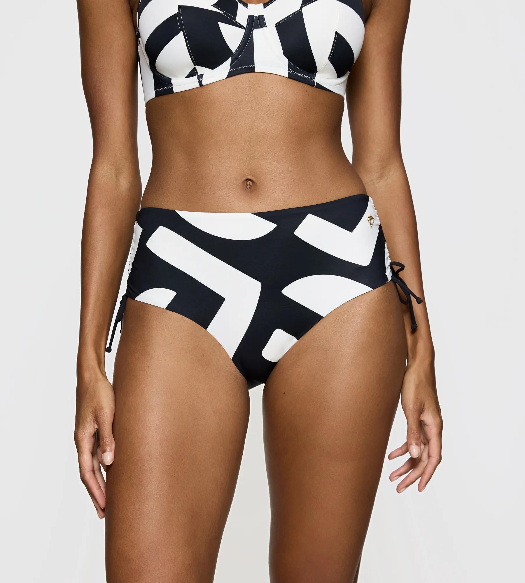 Summer Allure geometric-print bikini brief with adjustable side strings for a personalized fit.