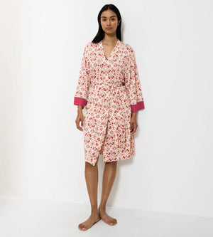 Aura Spotlight Kimono-inspired robe in floral print, featuring dropped shoulders and soft belt for a flattering fit.