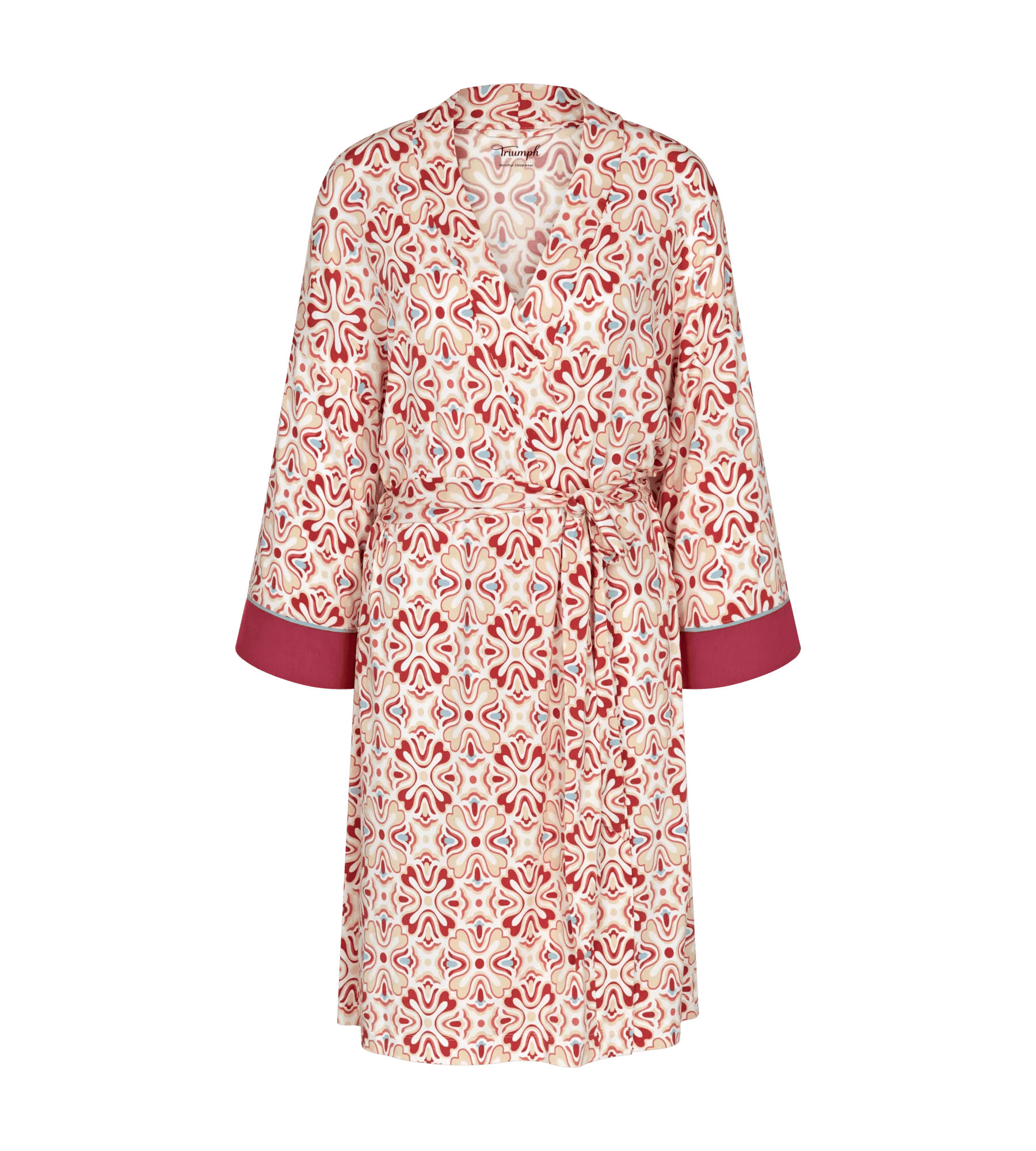 Aura Spotlight kimono-inspired robe with a unique red and white pattern, featuring dropped shoulders and soft belt.