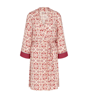 Aura Spotlight kimono-inspired robe with a unique red and white pattern, featuring dropped shoulders and soft belt.