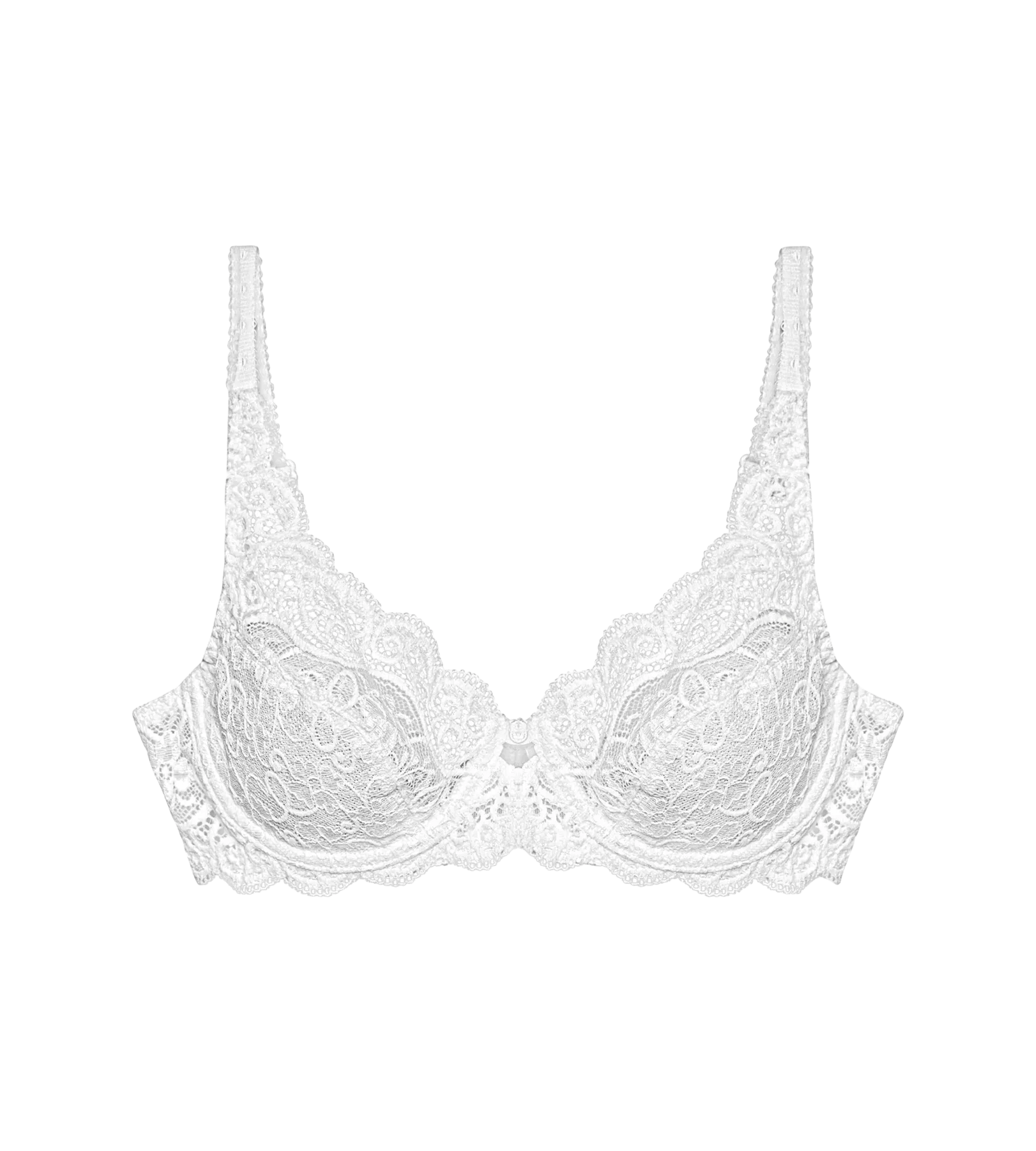 Amourette 300 white lace bra with soft support cups and floral pattern design.