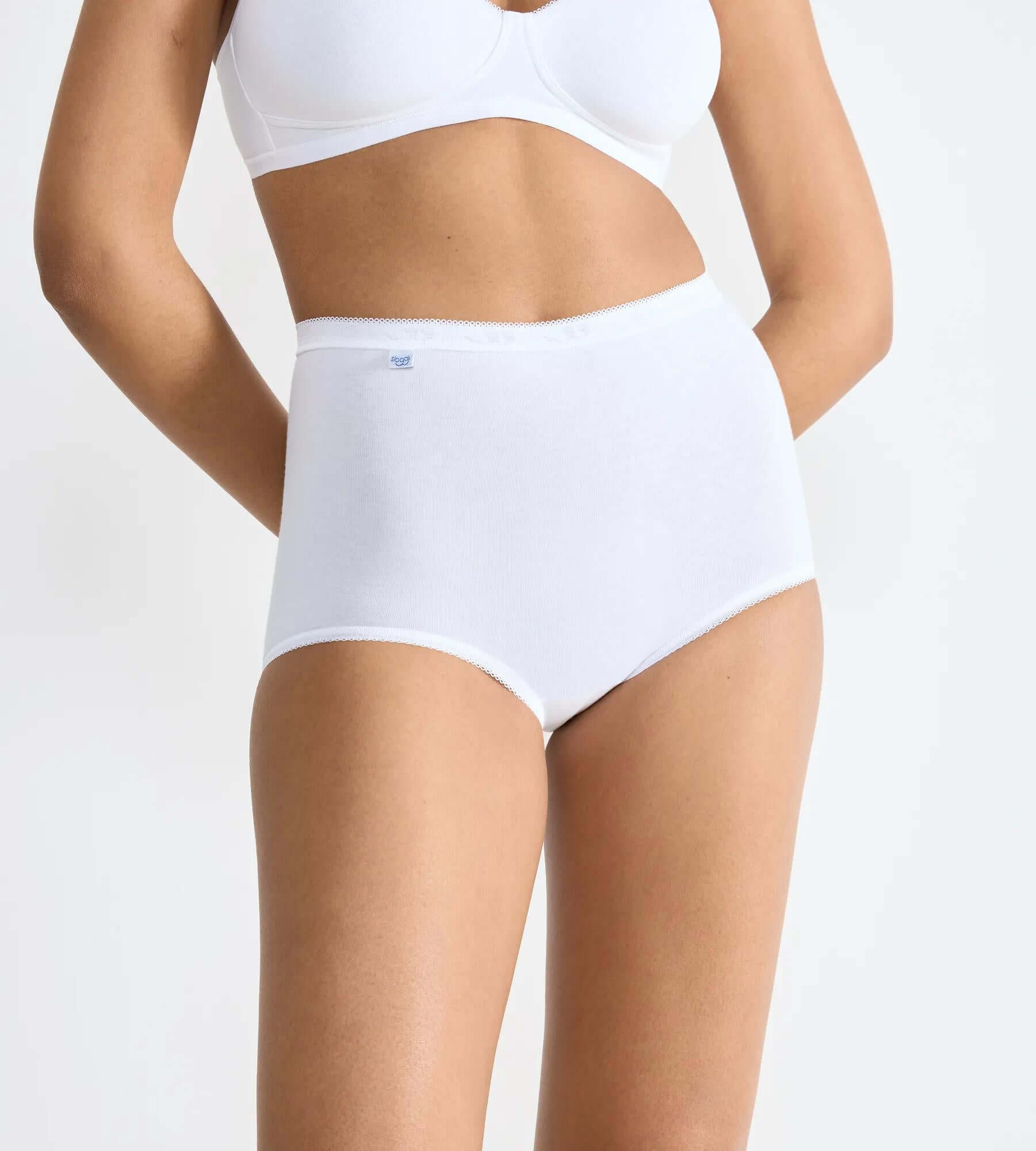 sloggi Basic+ 3-pack of classic fit maxi briefs with a high waistline and low leg, shown on model.