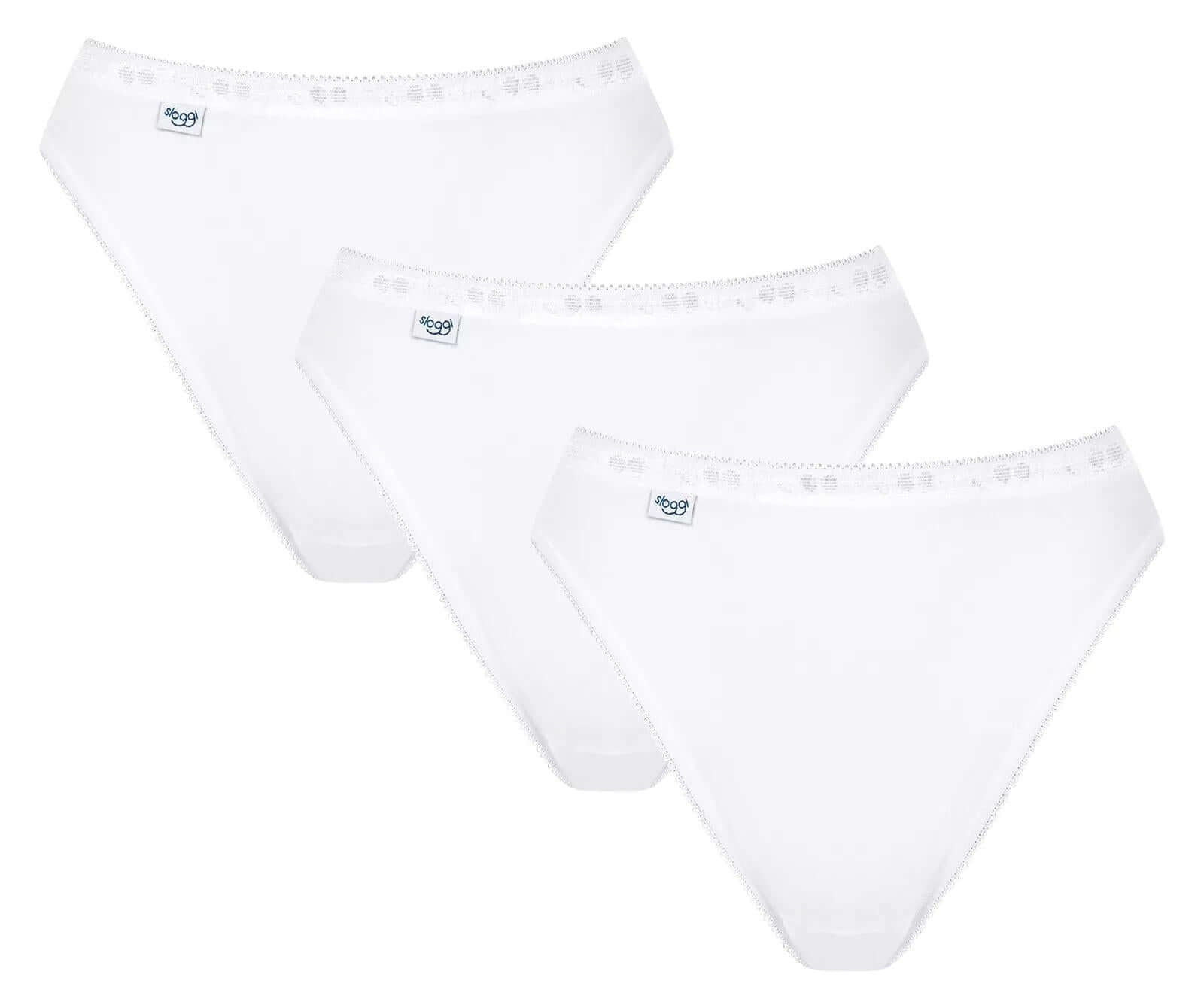 sloggi Basic+ 3-pack featuring three classic white Tai Briefs with soft cotton and decorative borders.