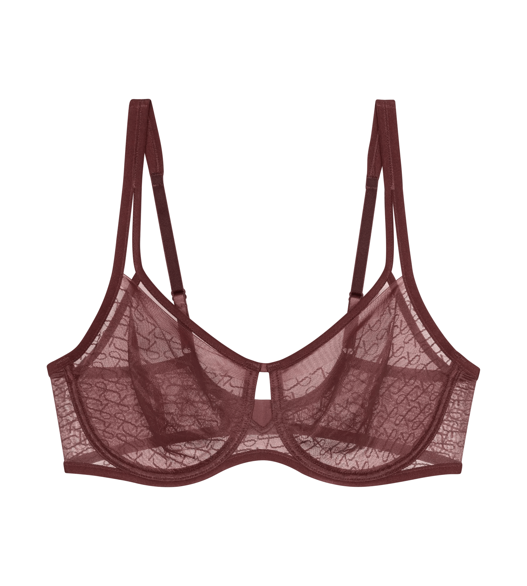 Triumph Signature Sheer decadent chocolate wired minimiser bra with signature lace design and elegant key-hole.