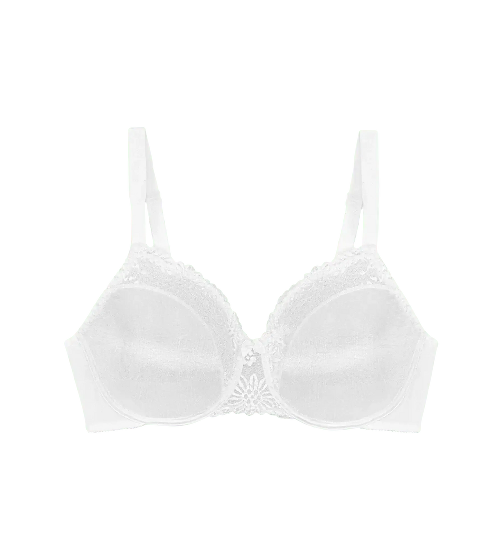 Ladyform Soft minimiser bra featuring lace trim and adjustable straps in white color.