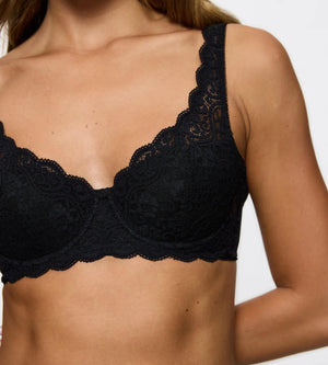 Amourette padded underwired bra in black featuring floral lace details and supportive soft cups.