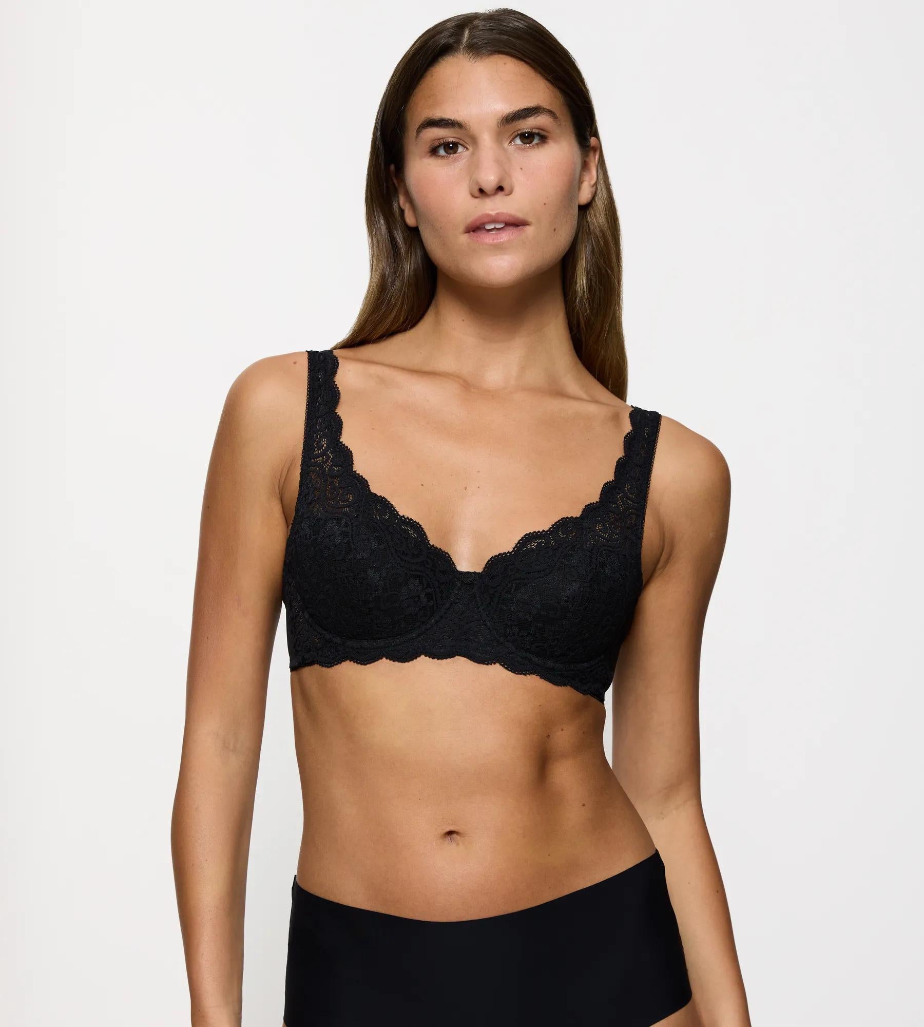 Amourette padded underwired bra in black with floral lace and adjustable straps, showcasing modern design and comfort.