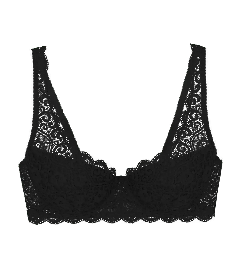 Amourette padded underwired bra with floral lace design, featuring adjustable straps and hook-and-eye fastener.