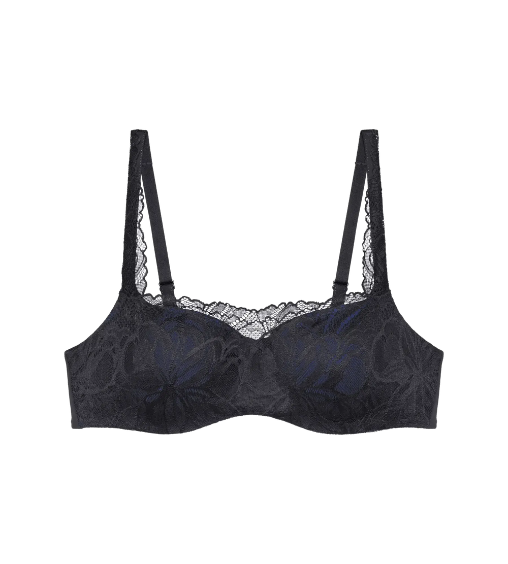 Body Make-Up Illusion Lace black balconette bra with delicate lace and padded cups.
