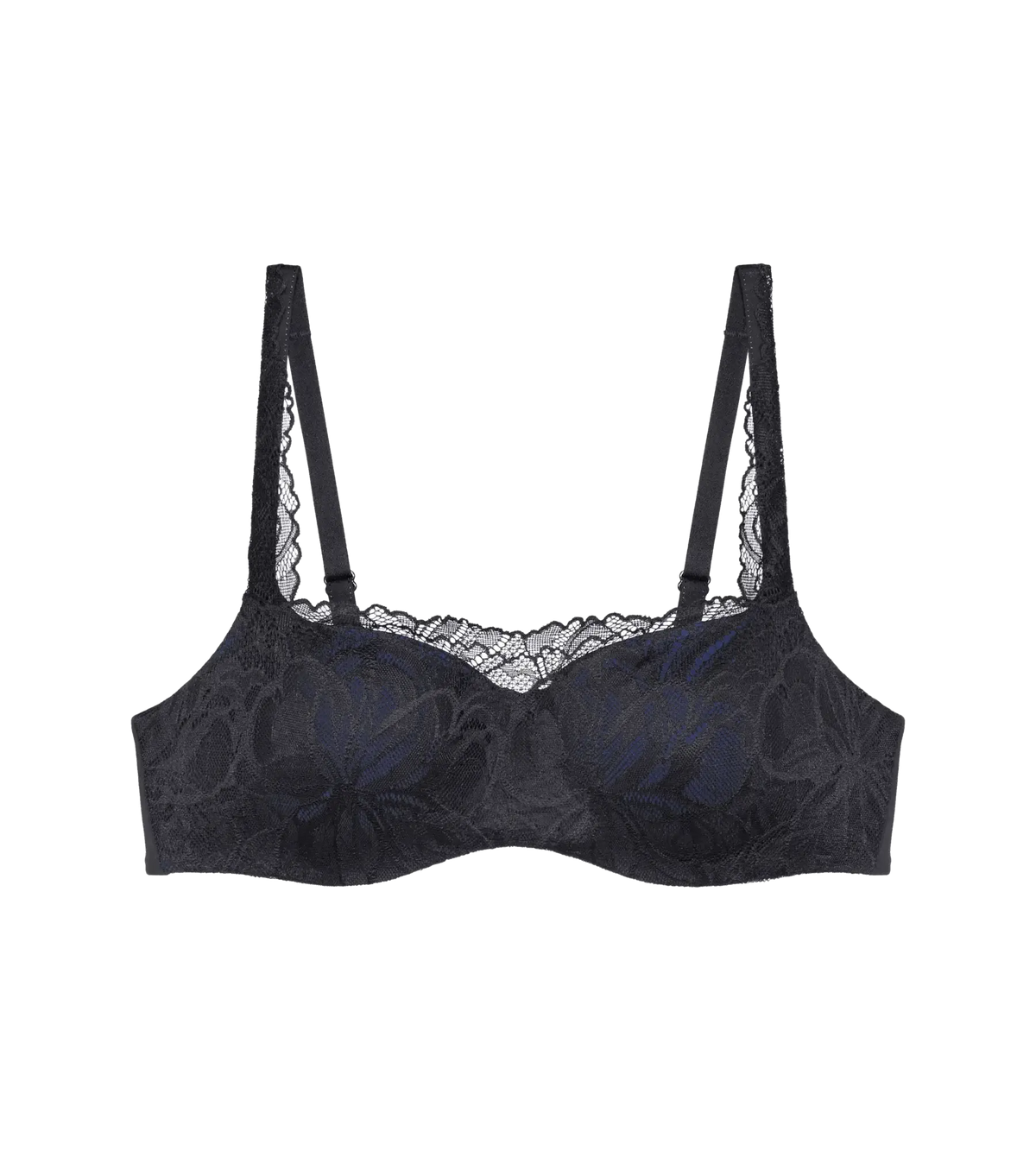 Body Make-Up Illusion Lace black balconette bra with delicate lace and padded cups.