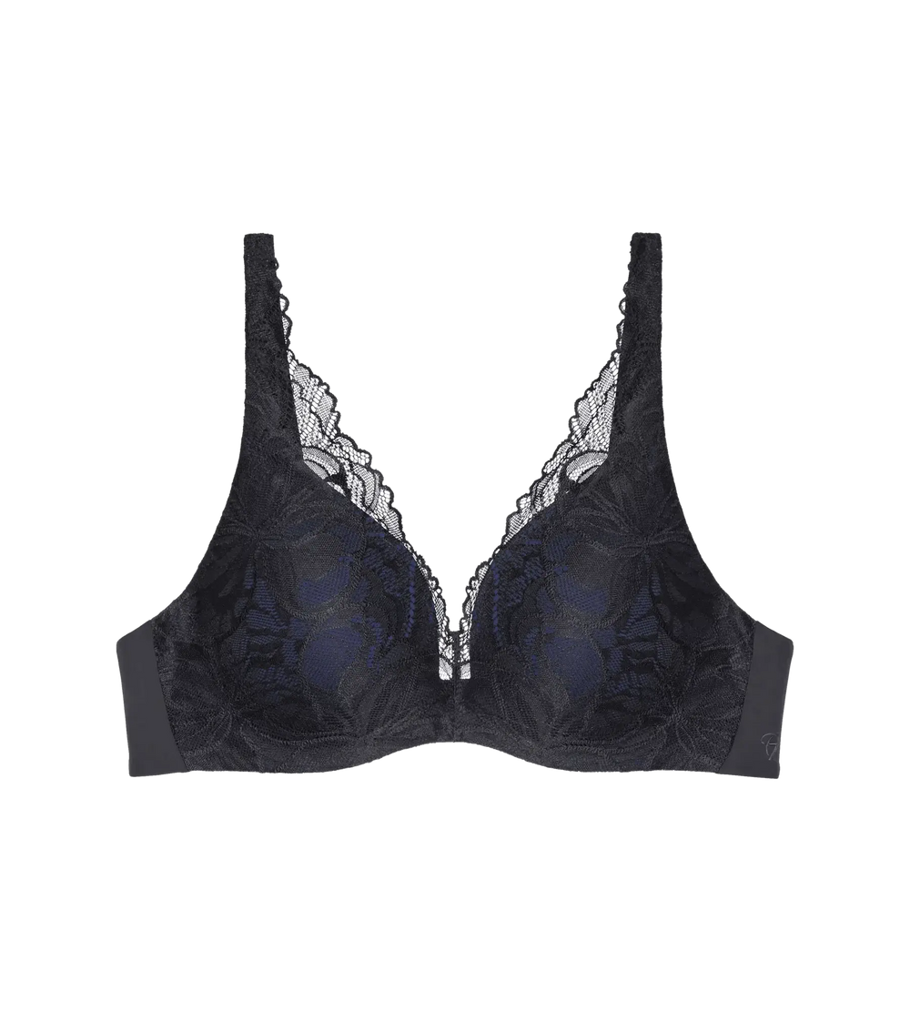 Body Make-Up Illusion Lace bra with lace detailing and flexible comfort wire for support and comfort.