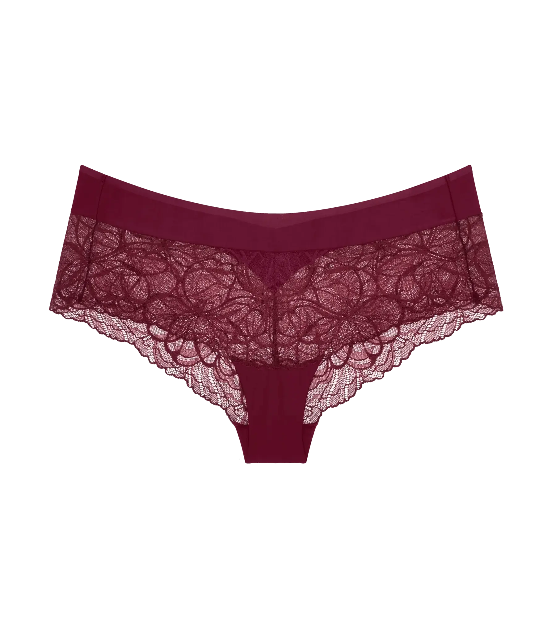 Body Make-Up Illusion Lace shorty briefs in burgundy with lace design and smooth waistband.