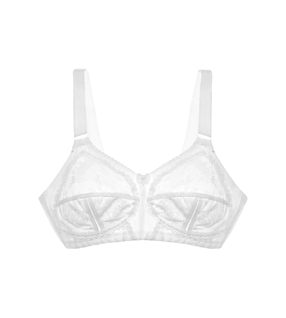 Doreen white bra featuring timeless design and optimal support for fuller busts, perfect for any outfit.
