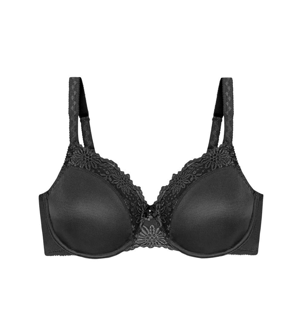 Ladyform Soft minimiser bra with lace trim and adjustable straps in black color.