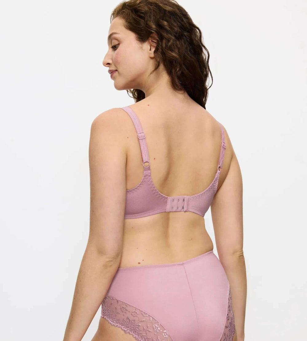 Ladyform Soft minimiser bra in pink with lace trim and adjustable straps, showcasing the back view.