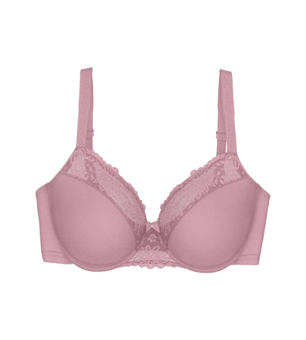Ladyform Soft minimiser bra in pink with lace trim and adjustable straps