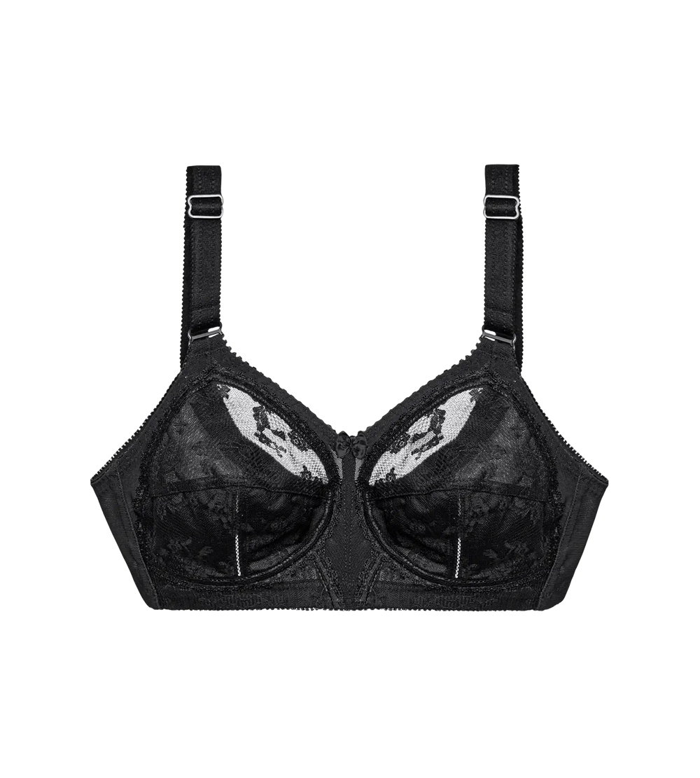 Doreen black wireless bra with a timeless design, providing support for fuller busts and available in sizes 34-48.