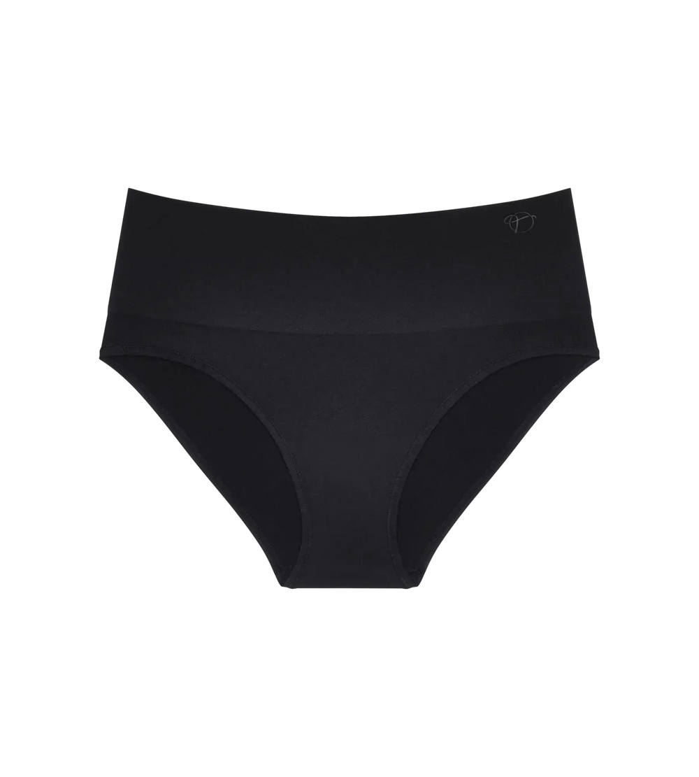 Triumph Soft Sculpt black bandeau maxi briefs with smooth knit fabric and embossed logo.
